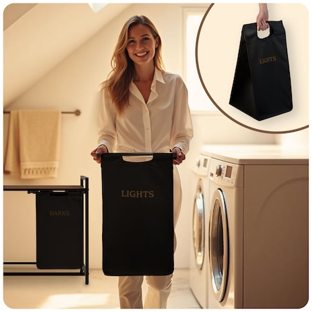 Massido, kosz na pranie 80l z półką dwukomorowy czarny 74x72x33 cm