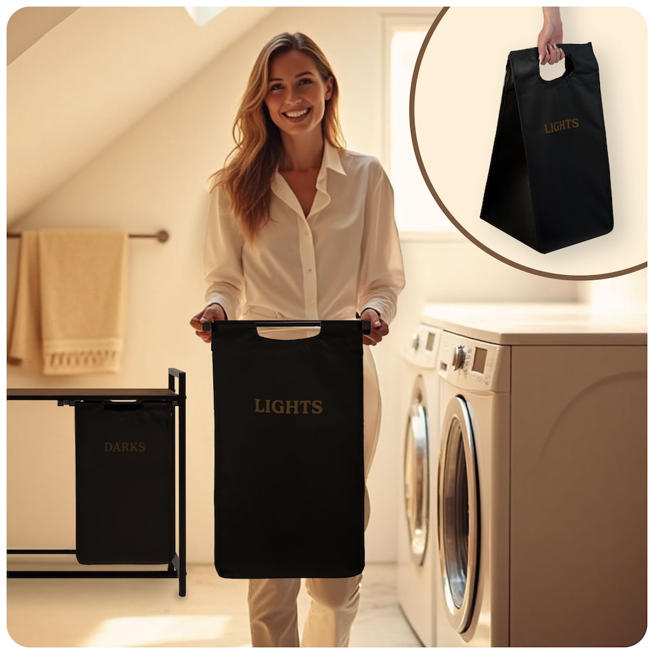 Massido, kosz na pranie 80l z półką dwukomorowy czarny 74x72x33 cm