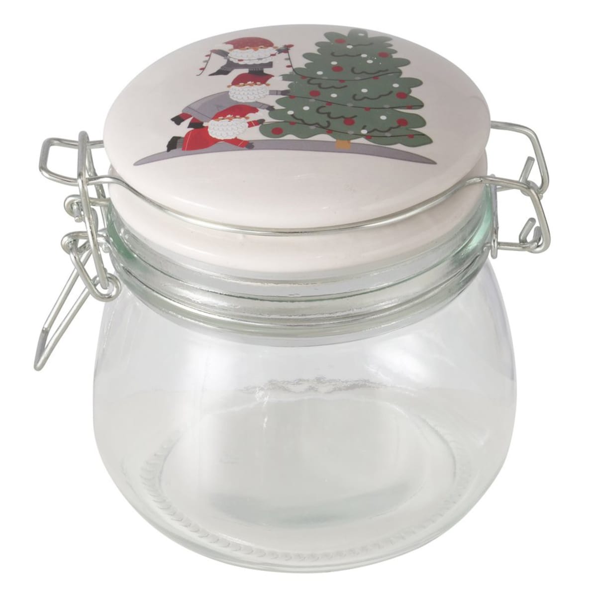 Słoik z porcelanową pokrywką MONTI, 450 ml, kolor przezroczysty, motyw choinka i bałwan