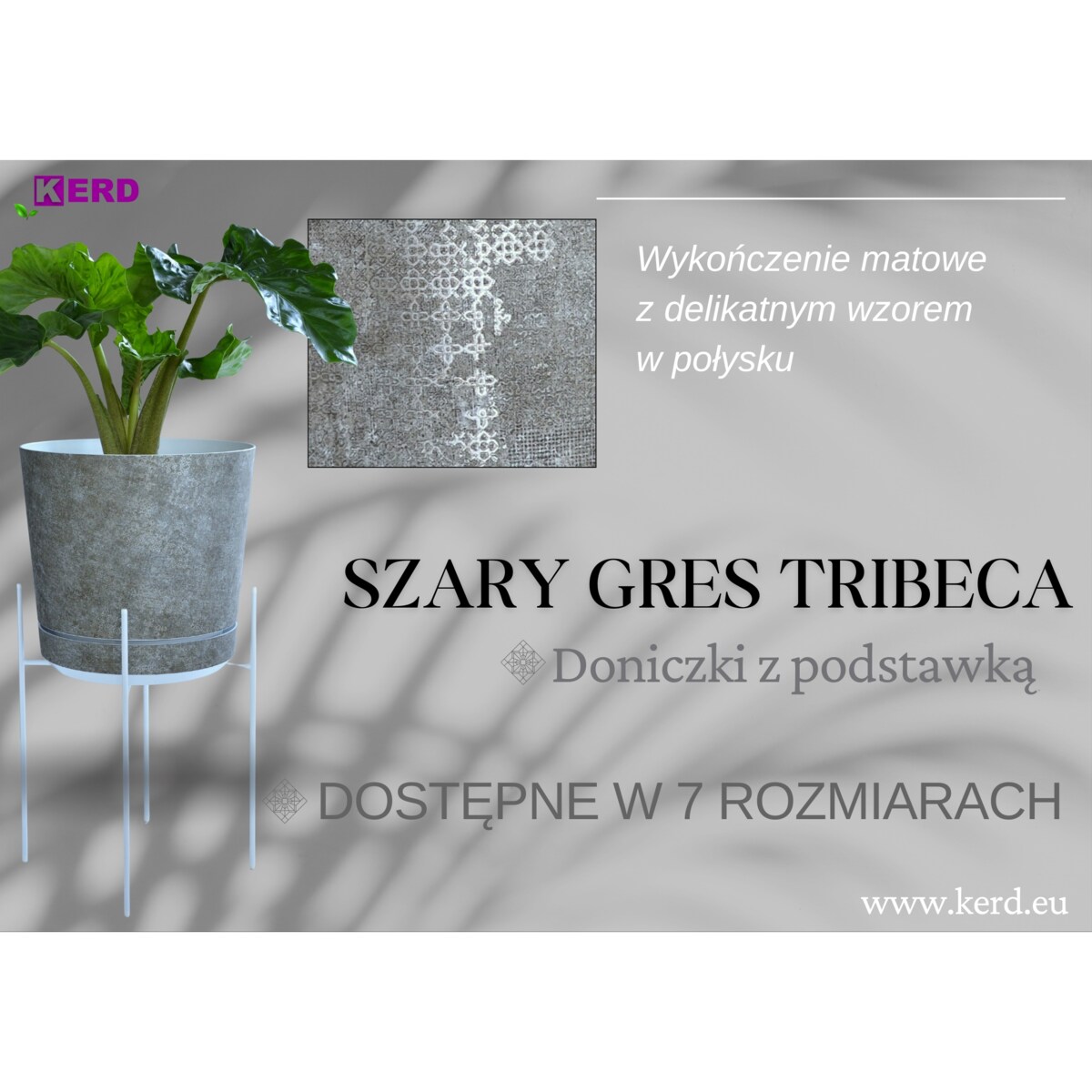 32 cm wzór Szary gres TRIBECA 013 Doniczka z podstawką matowa duża szeroka donica z połyskującym srebrnym wzorem