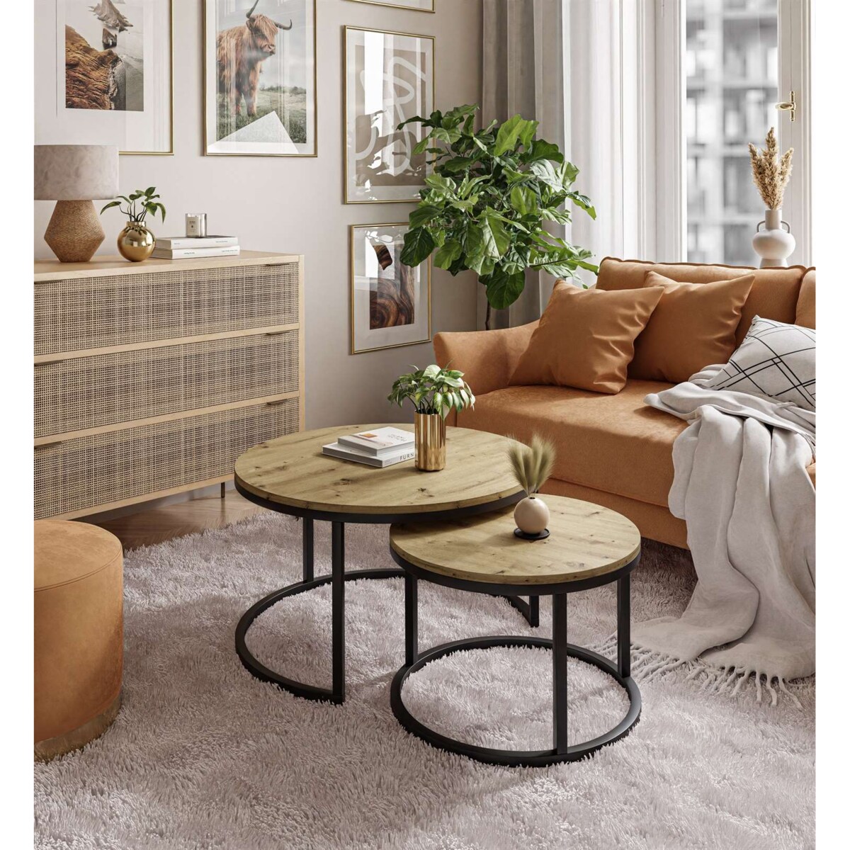 Okrągły stolik kawowy CIRI 2w1 czarny dąb artisan