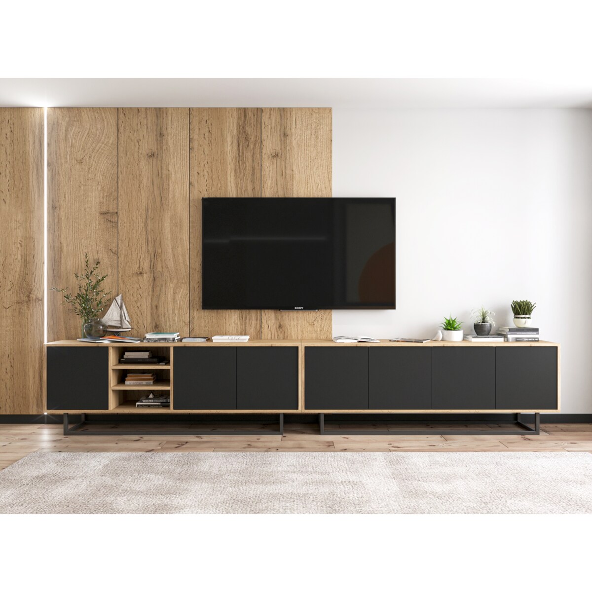 Industrialna Szafka RTV Loft Komoda RTV Dąb Wotan Czarny MAT 150 cm