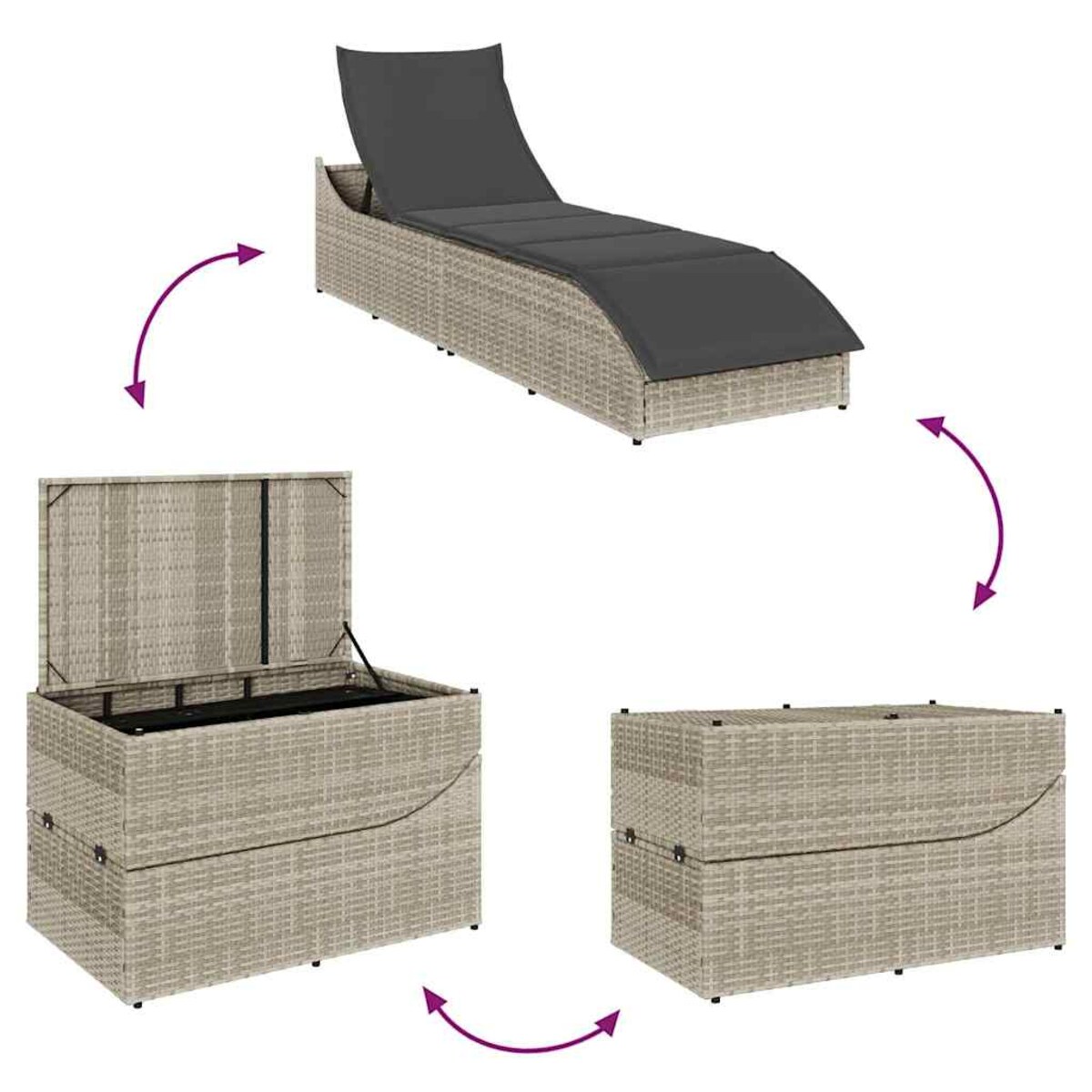 vidaXL Składany leżak z poduszką i schowkiem, jasnoszary, polirattan