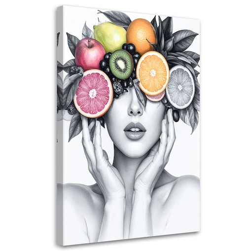 Obraz nowoczesny do salonu kuchni, Kobieta z owocami na głowie 80x120