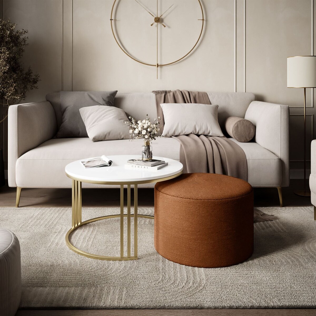 Stolik kawowy z pufą LORI POŁYSK złoto szczotkowane, biały / Perfect Harmony 52