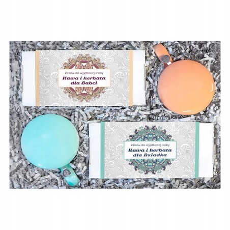 PREZENT UPOMINEK BOX DLA BABCI I DZIADKA - KAWA SMAKOWA HERBATA SYPANA PREMIUM KUBKI Z ZAPARZACZAMI I POKRYWKAMI - DUŻY ZESTAW KOSZ PREZENTOWY UPOMINKOWY