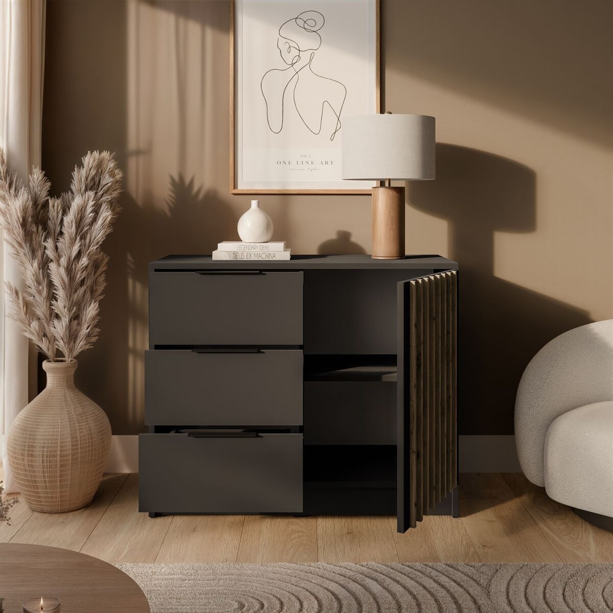 Komoda NELA 1D3S z lamelami, grafit + dąb artisan