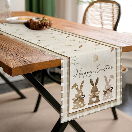 Lniany bieżnik na stół wielkanocny, króliczki HAPPY EASTER 180 x 33cm BZK01