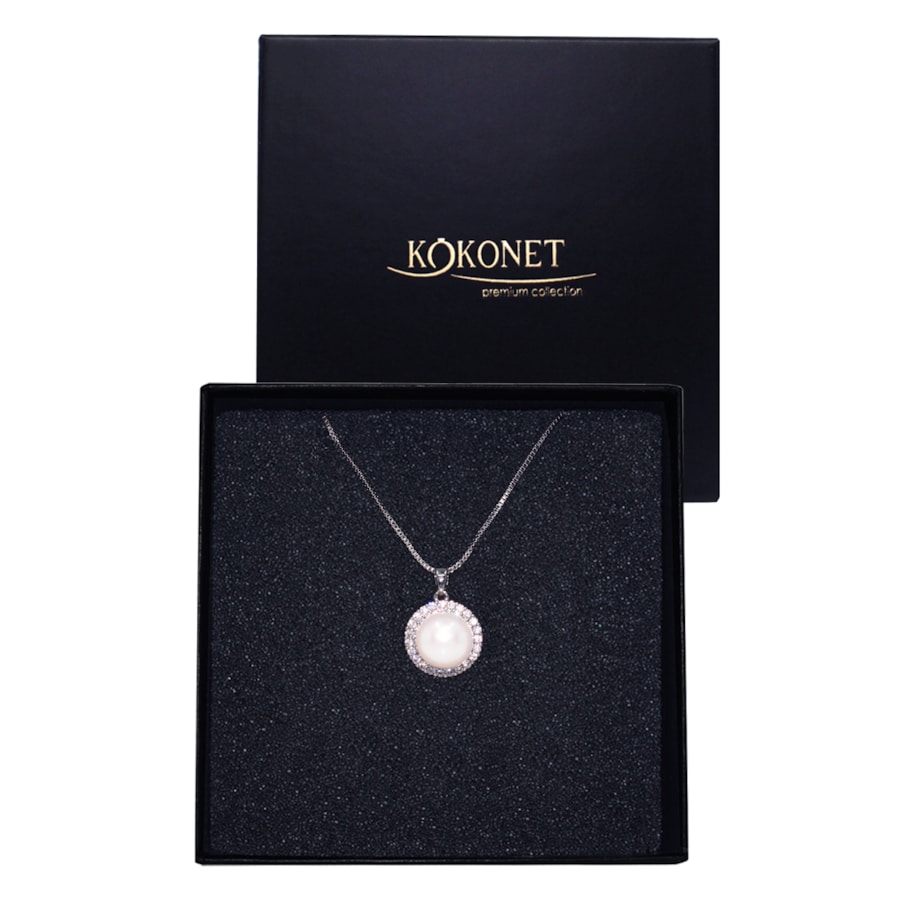 Srebrny Naszyjnik perłowy pojedynczy elegancki z cyrkoniami łańcuszek ślub