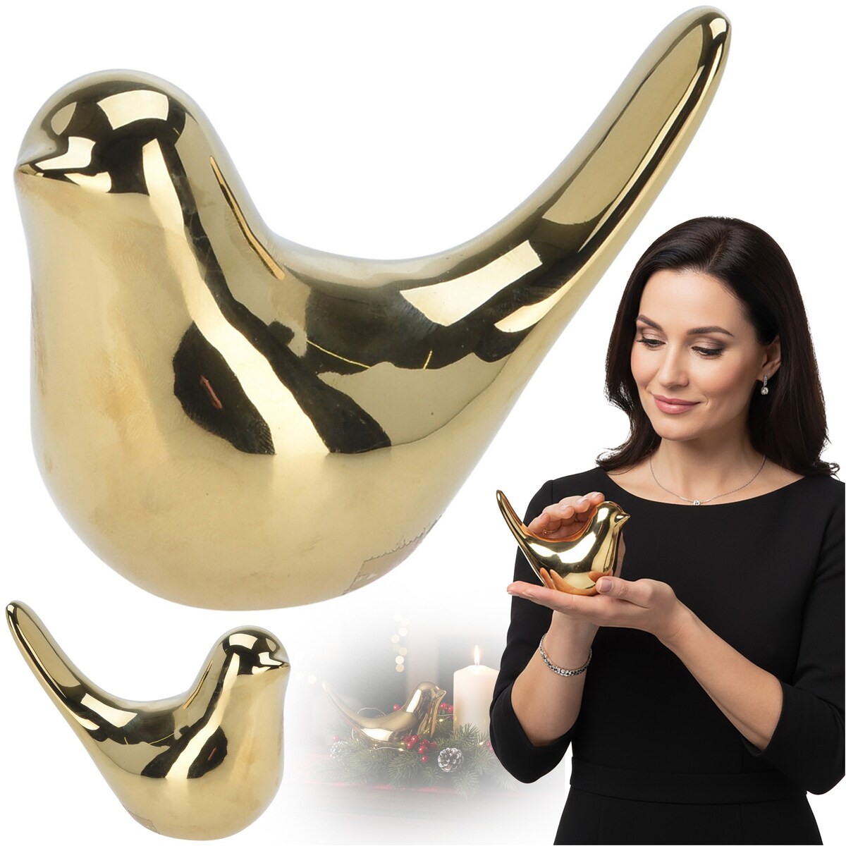 Szklany Ptaszek Dekoracyjny Świąteczny Złoty Ozdoba Na Stół 8 cm