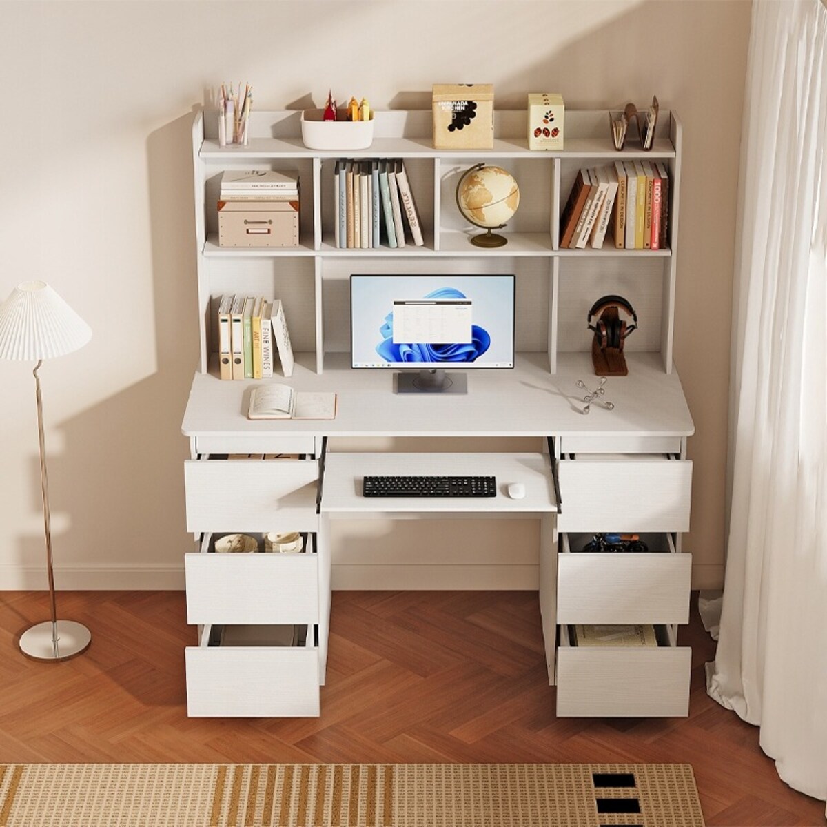 Biurko nowoczesne z nadstawką białe 6 szuflad półki do biura pokoju pracy