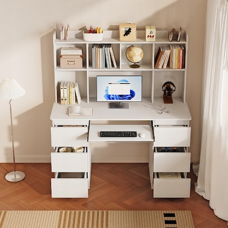 Biurko nowoczesne z nadstawką białe 6 szuflad półki do biura pokoju pracy