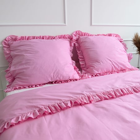 Pościel Bawełniana Z Ozdobną Falbanką Zestaw Komplet Do Sypialni Różowa 200X200 Cm + 2 Poduszki 70X80 Cm
