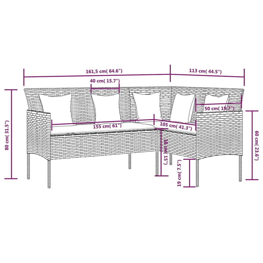 vidaXL Sofa w kształcie litery L z poduszkami, rattan PE, szara