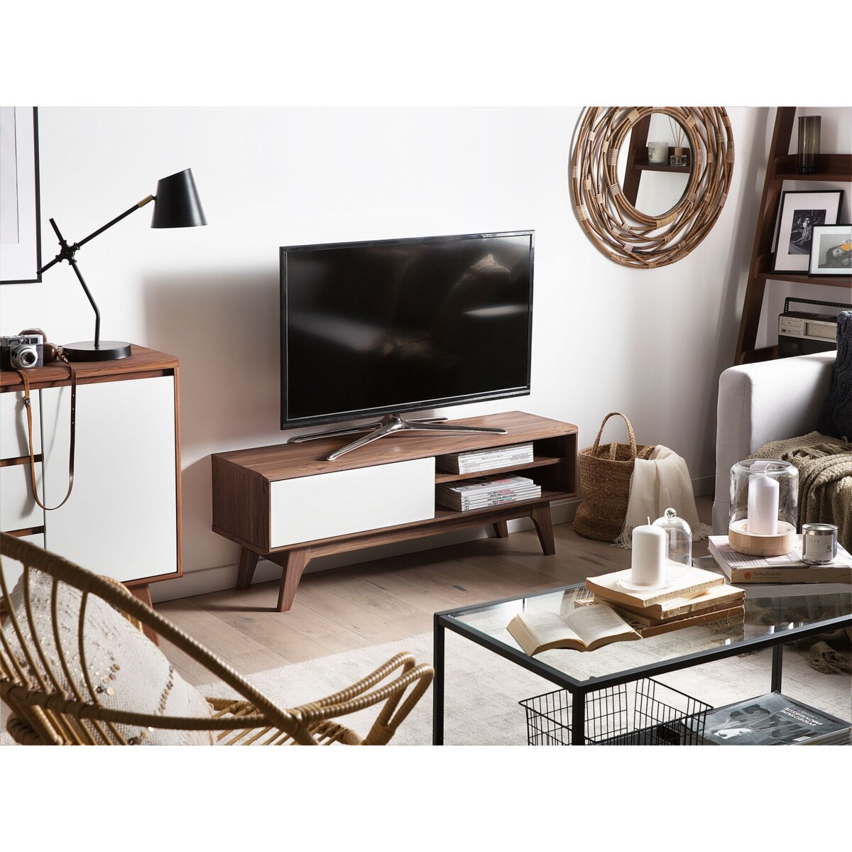 Szafka RTV ciemne drewno z białym BUFFALO