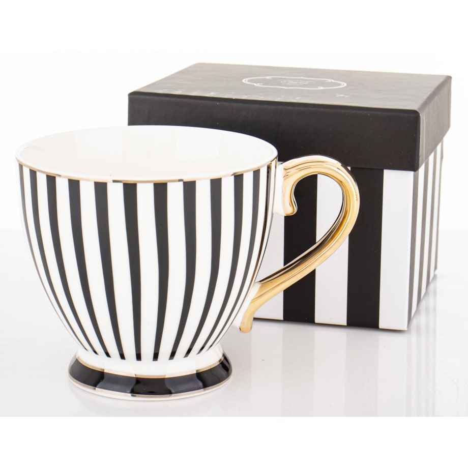 Kubek-filiżanka porcelanowy w paski w pudełku 450 ml TASSA - czarny