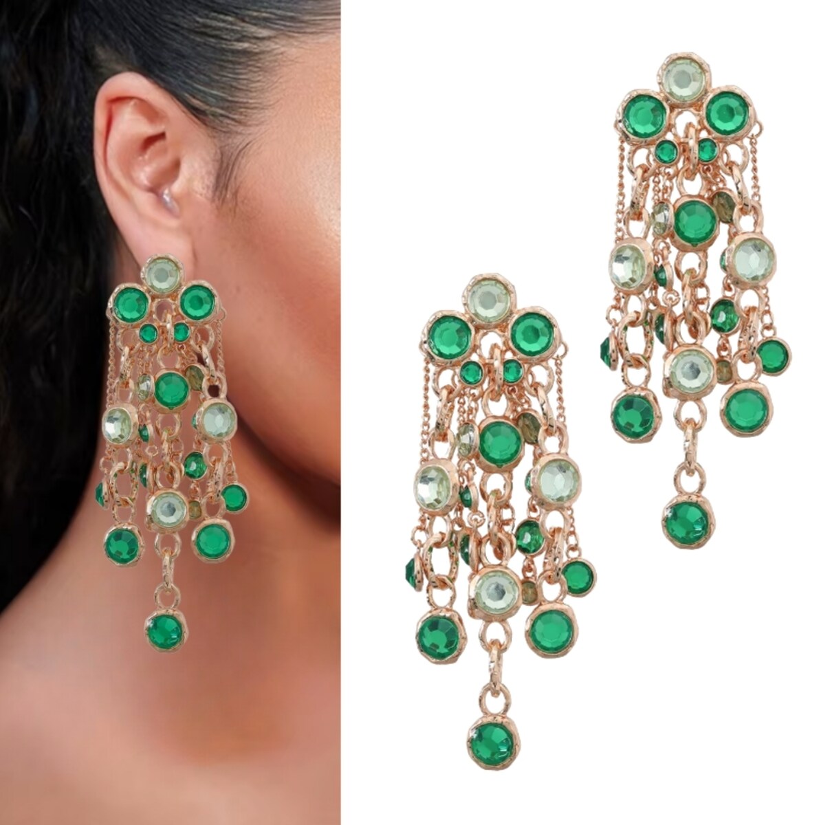 Zielone długie kolczyki złote nitki kółka okazałe ELEGANCKIE wizytowe