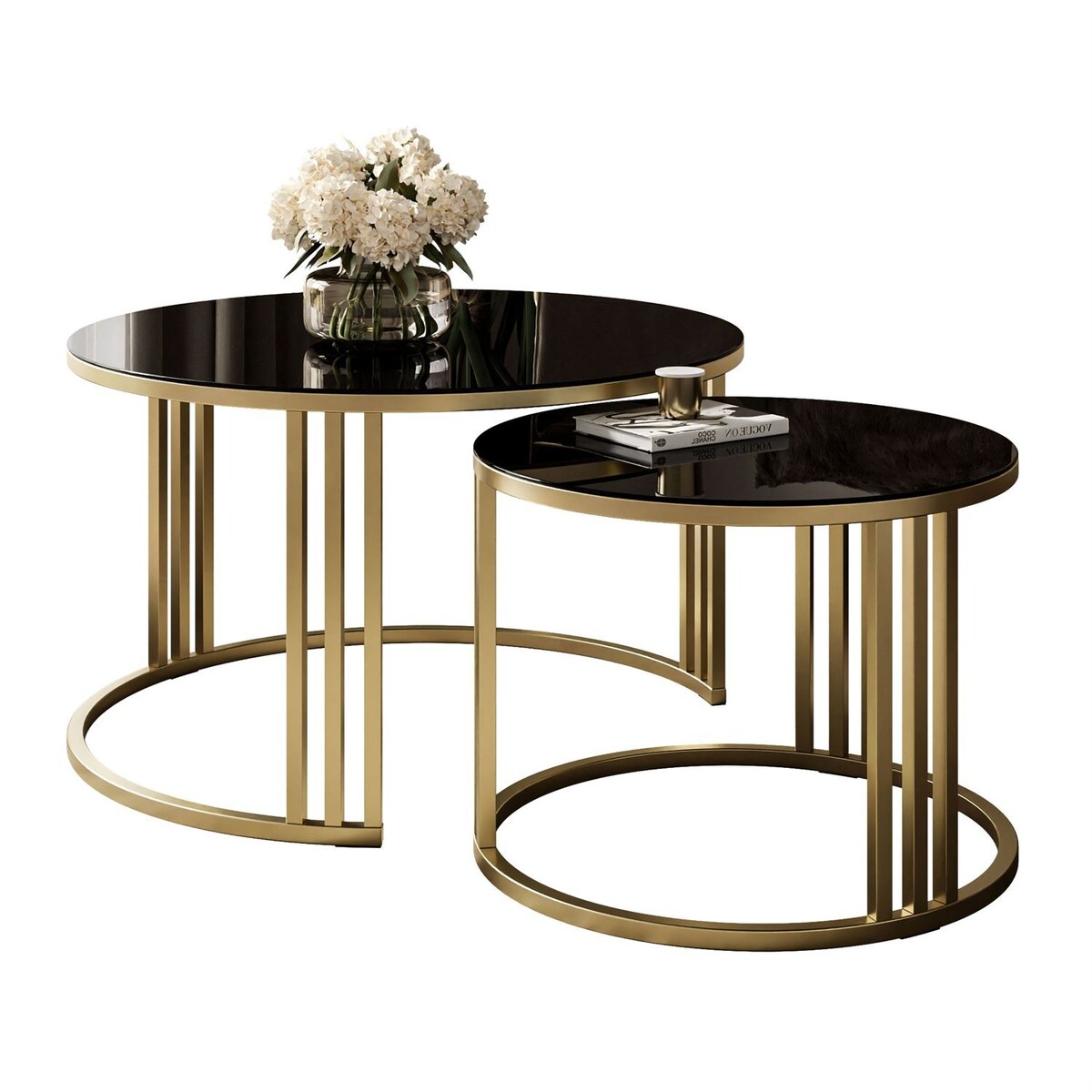 Okrągły stolik kawowy 2w1 LORI GLASS złoto szczotkowane, blat czarne szkło