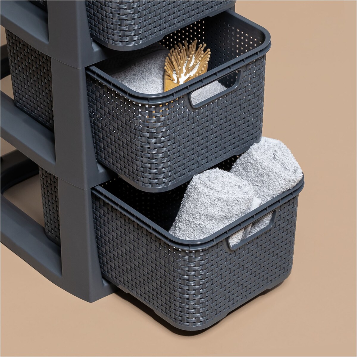 Regał Stojak Łazienkowy Rattanowy Szafka Z Koszami 4 X 7L Antracyt