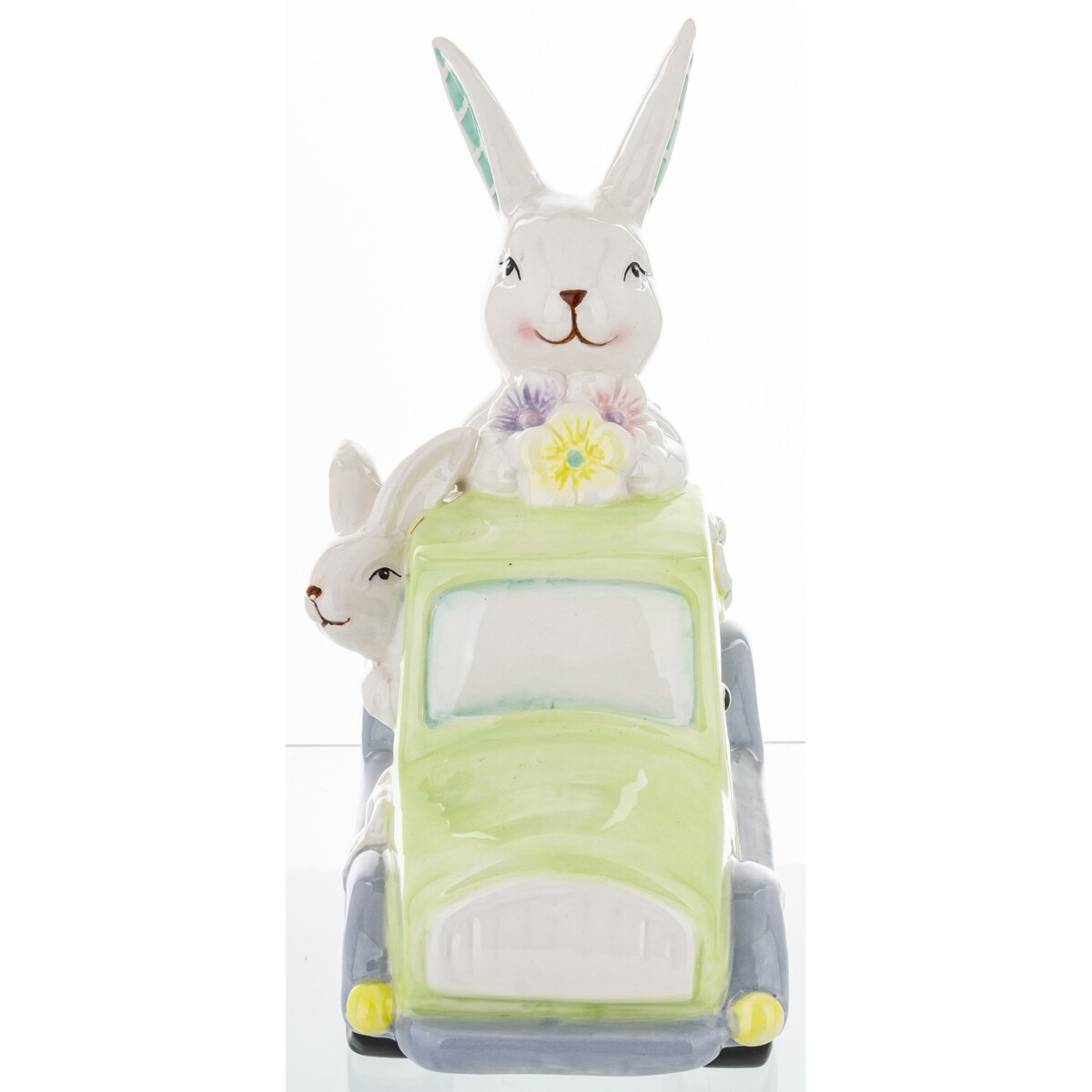 Dekoracja - króliki w samochodzie z kwiatami 20x10,5x19 cm