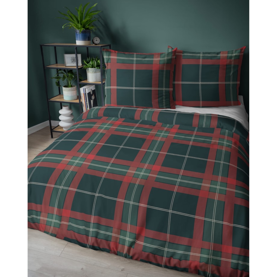 Pościel bawełniana satynowa świąteczna 140x200 CZERWONA ZIELONA KRATA SZKOCKA PREMIUM