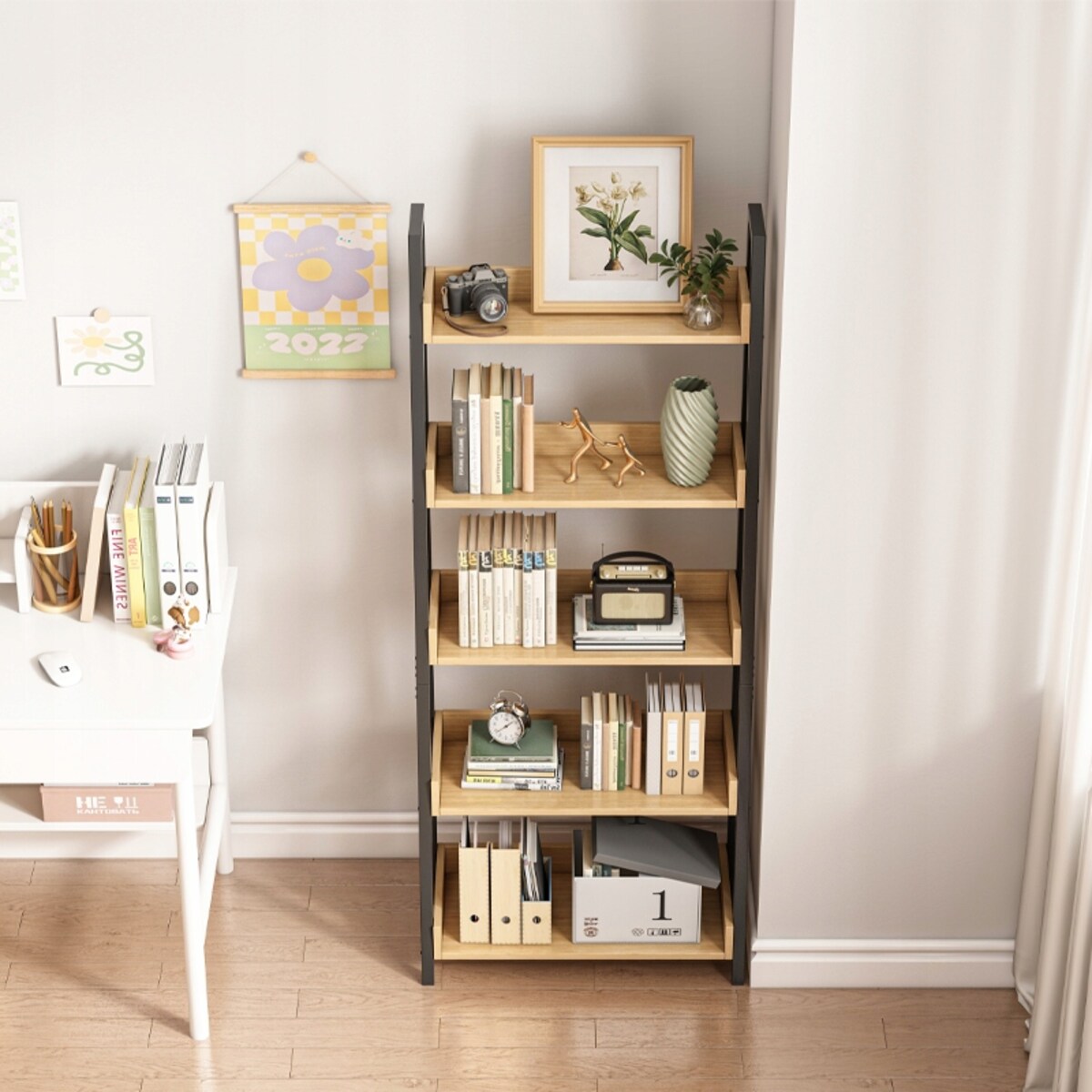 Regałna książki segregatory drabinka dębowy czarny do biura salonu loft