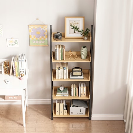 Regałna książki segregatory drabinka dębowy czarny do biura salonu loft