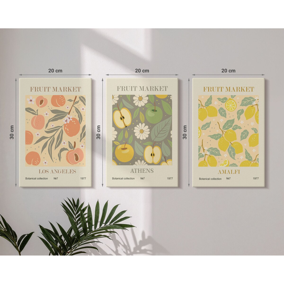 Zestaw 3 małych obrazów na płótnie - Owocowe wzory retro plakaty boho - żółty