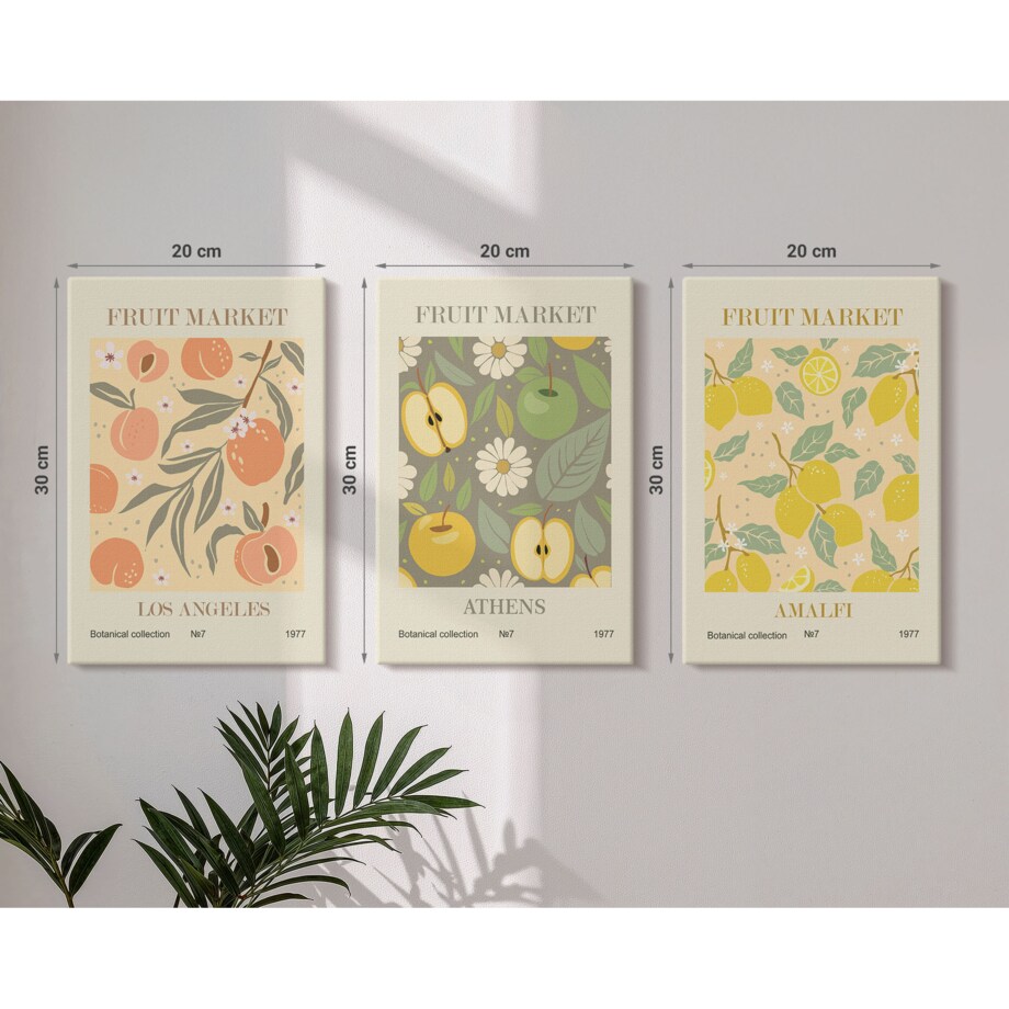 Zestaw 3 małych obrazów na płótnie - Owocowe wzory retro plakaty boho - żółty