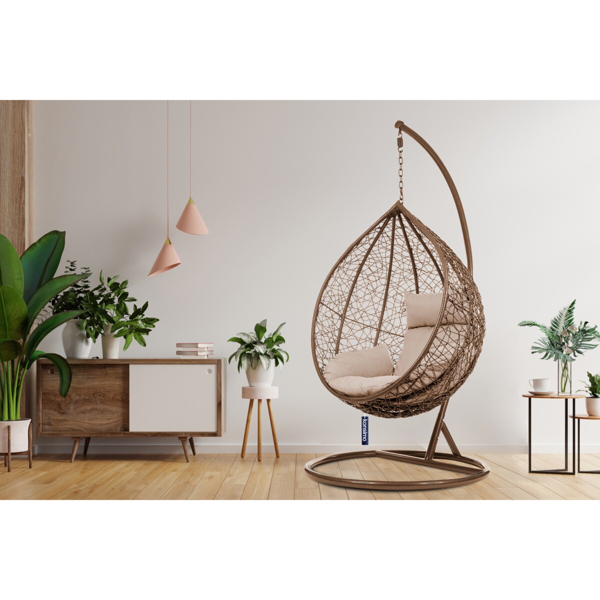 KONSIMO CULLUS Wiszący fotel kokon z technorattanu i pokrowcem, brązowy