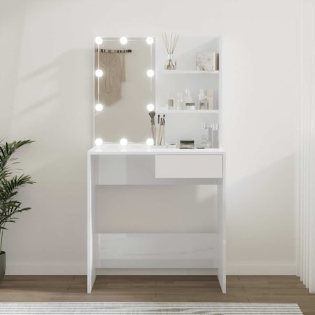 vidaXL Toaletka z oświetleniem LED, biała, połysk, 74,5x40x141 cm