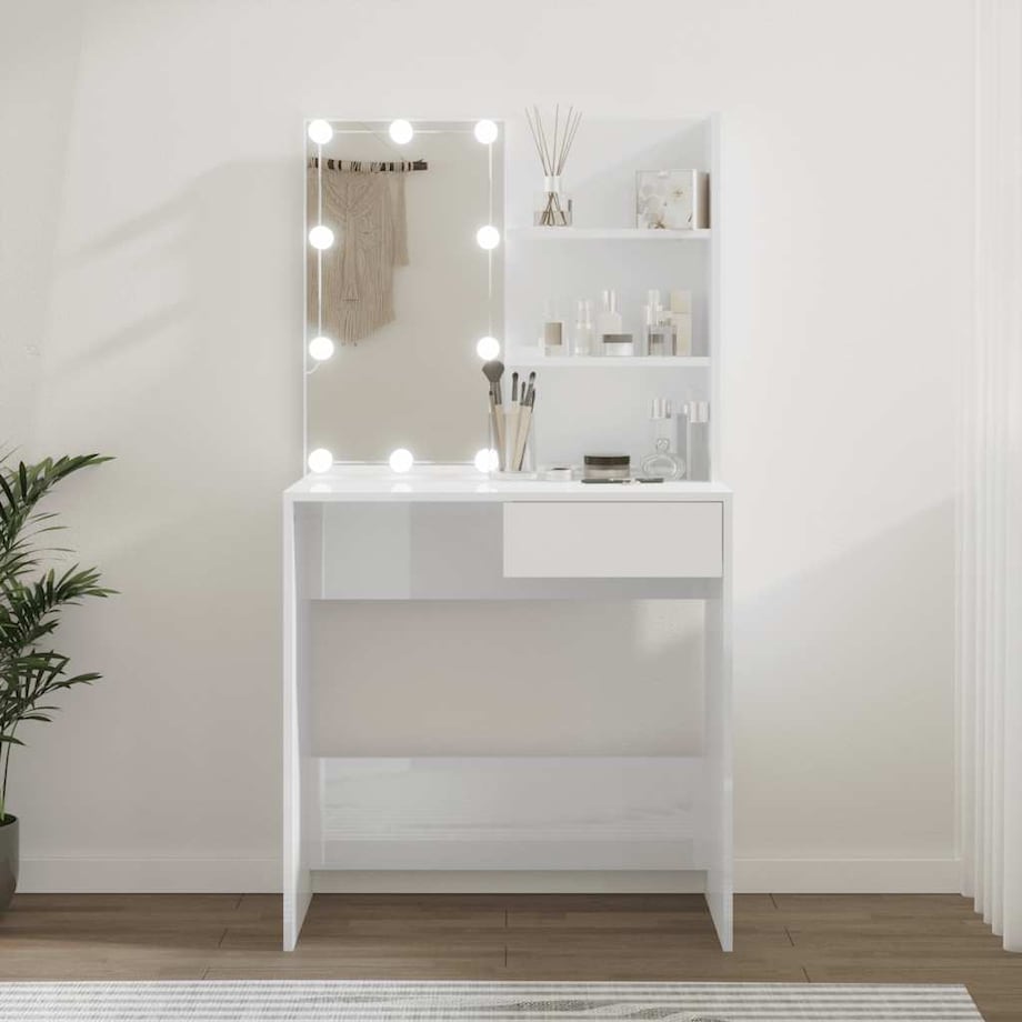 vidaXL Toaletka z oświetleniem LED, biała, połysk, 74,5x40x141 cm