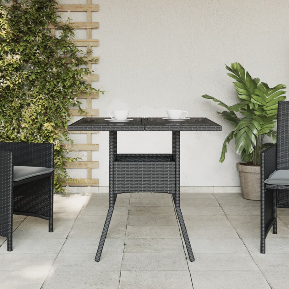 vidaXL Stół ogrodowy ze szklanym blatem, czarny, 80x80x75cm, rattan PE
