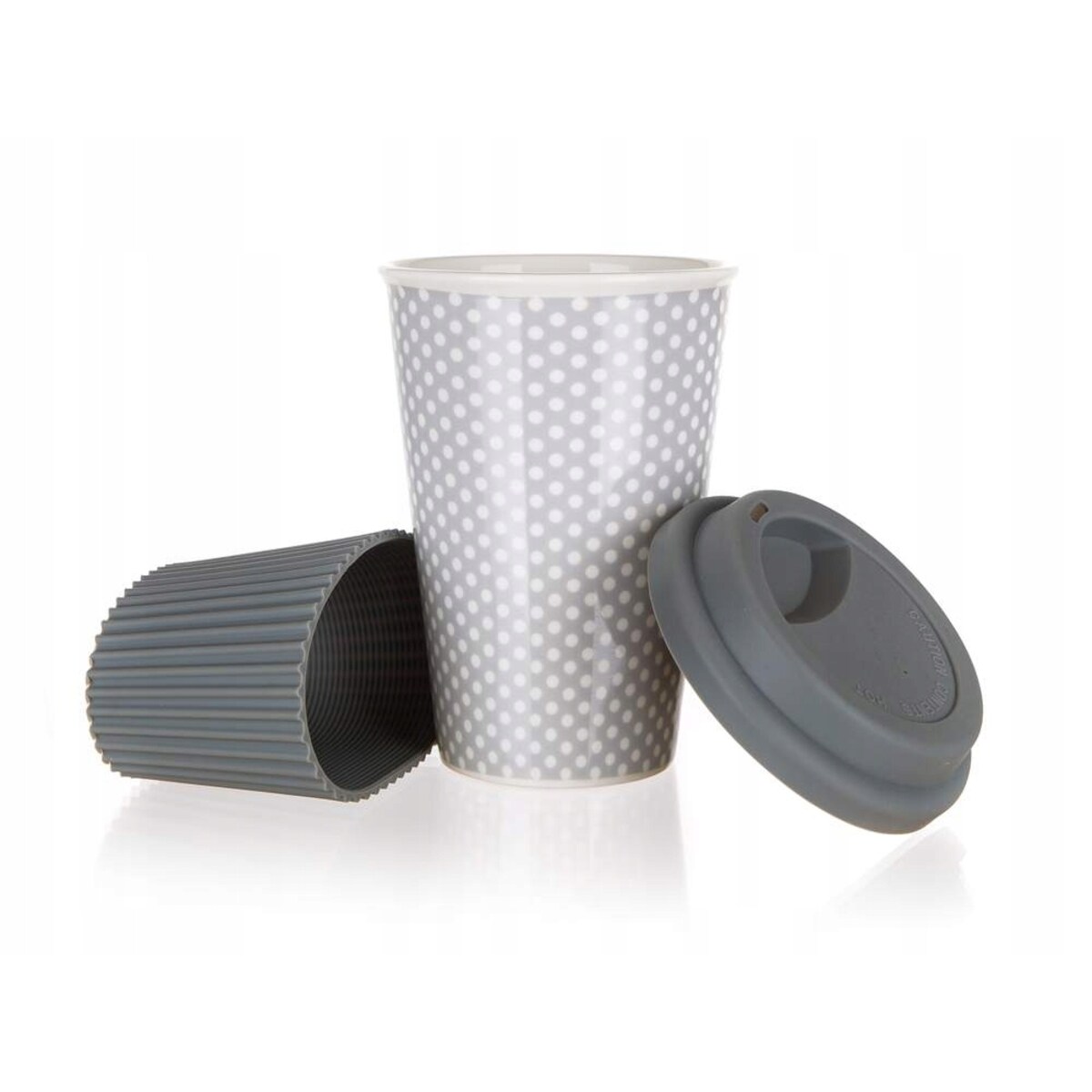 CERAMICZNY KUBEK Z SILIKONOWĄ POKRYWKĄ 400 ml szary na kawę herbatę napoje