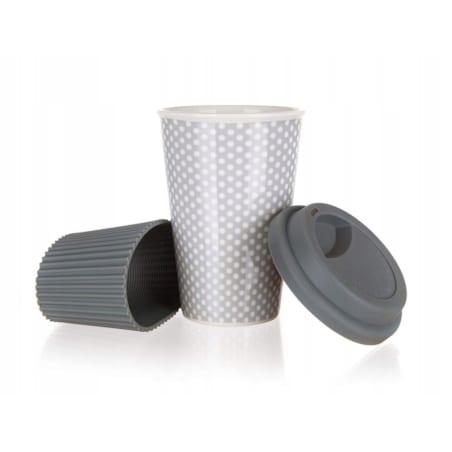CERAMICZNY KUBEK Z SILIKONOWĄ POKRYWKĄ 400 ml szary na kawę herbatę napoje