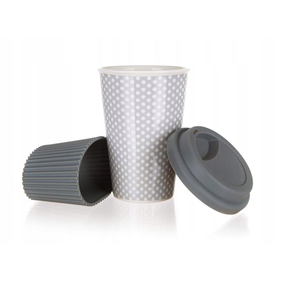 CERAMICZNY KUBEK Z SILIKONOWĄ POKRYWKĄ 400 ml szary na kawę herbatę napoje