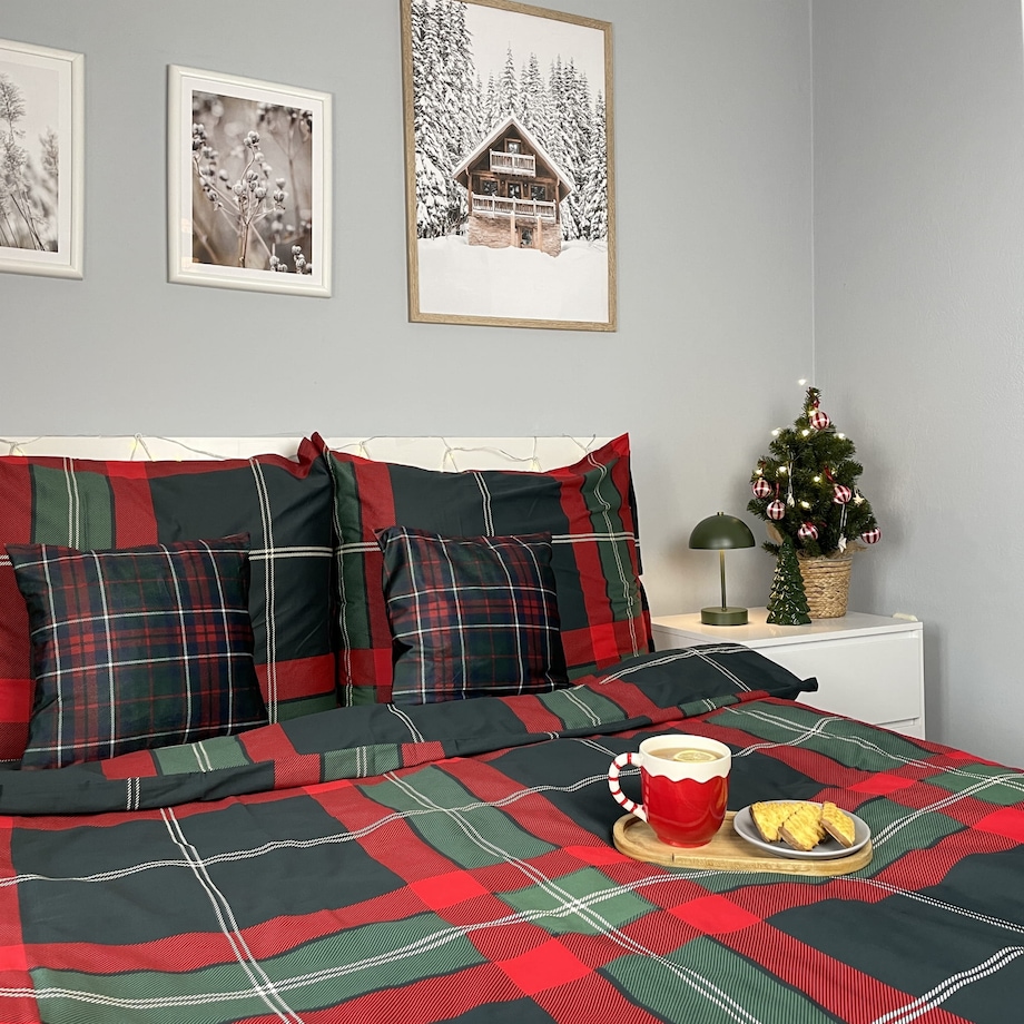 Pościel bawełniana satynowa świąteczna 140x200 CZERWONA ZIELONA KRATA SZKOCKA PREMIUM