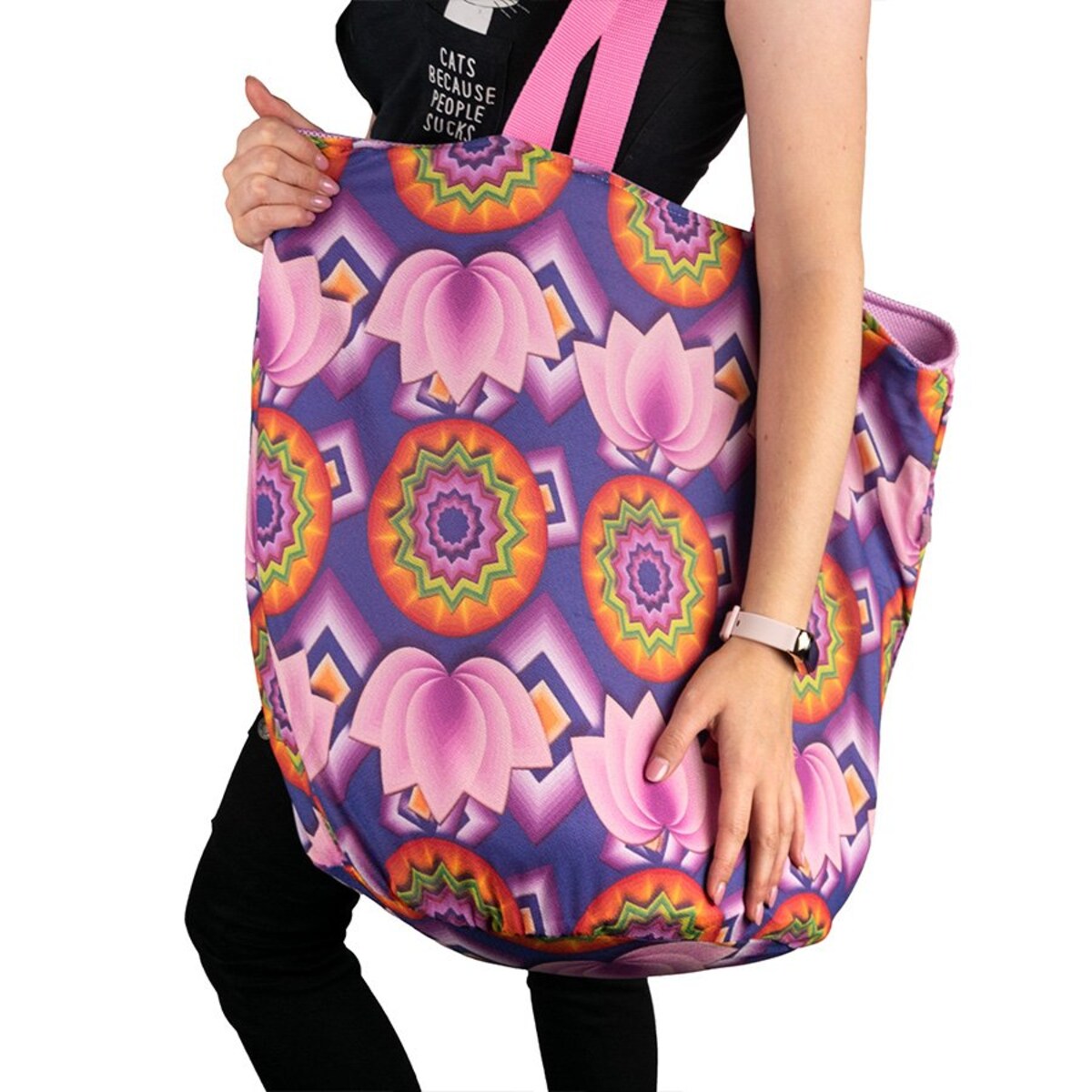 Torba na zakupy z okrągłym spodem, 58x48 różowa ze środkiem fioletowy wzór