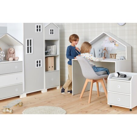 KONSIMO MIRUM Szary regał z szufladą w kształcie domku dla chłopca