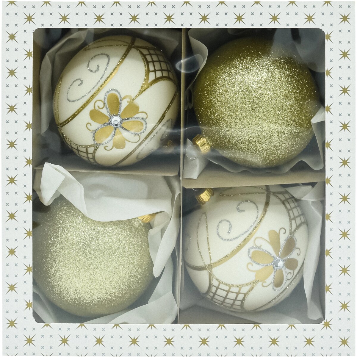 Bombki okrągłe: złote brokatowe i ecru