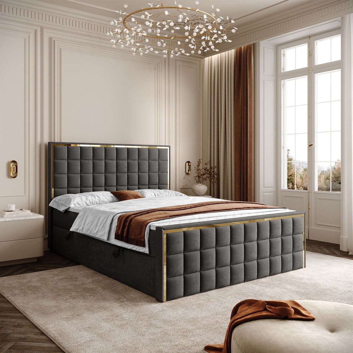 Łóżko kontynentalne ISADORA II GOLD, pojemnik na pościel, 160x200, RV 185, topper