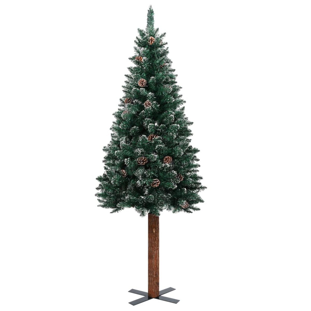 vidaXL Smukła choinka z drewnem i śniegiem, zielona, 150 cm