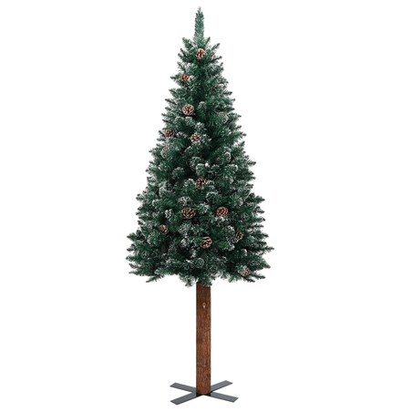 vidaXL Smukła choinka z drewnem i śniegiem, zielona, 150 cm