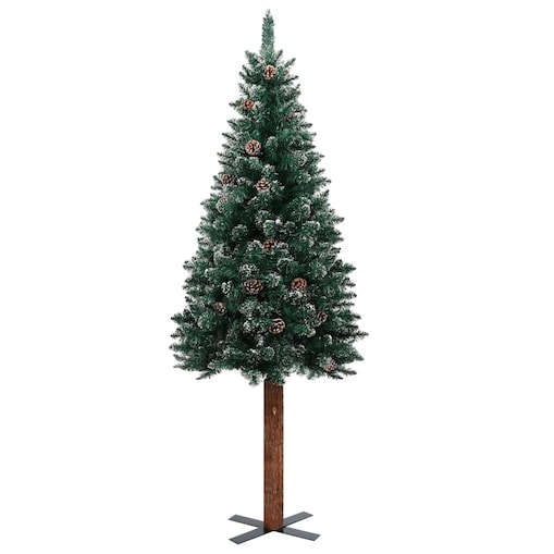 vidaXL Smukła choinka z drewnem i śniegiem, zielona, 150 cm