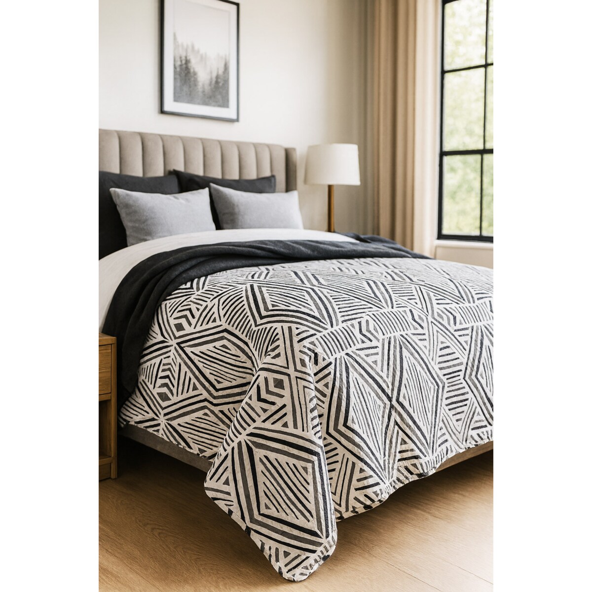 Narzuta pikowana Tarik 170x210 biało-czarna, drukowana