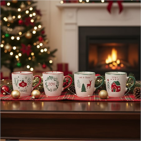 Zestaw Kubków Świątecznych Kamionkowy 4 X 200 Ml