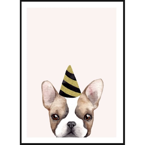 Poster Story, Plakat, Obraz - Buldog Francuski w Urodzinowej Czapce, wymiary 21 x 30 cm