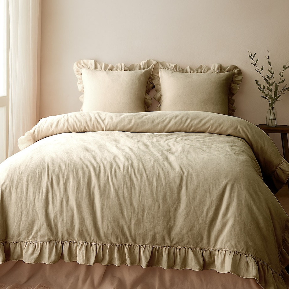 Pościel bawełniana 160x200 z falbanką Stonewashed Exclusive, Akdeniz Cream