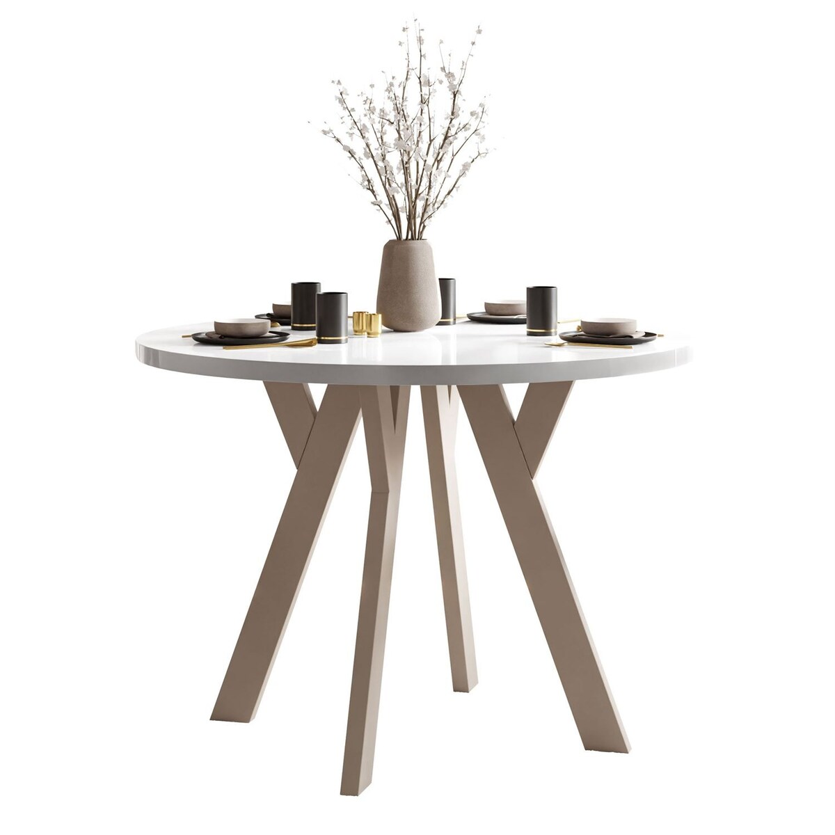 Okrągły stół rozkładany VOLTA GLOSS, nogi kaszmir, blat biały