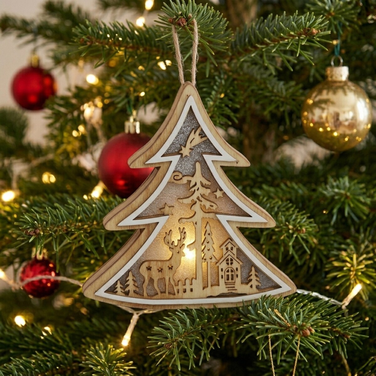 Drewniana dekoracja świąteczna do zawieszenia, 12 cm, LED, na baterie, kolor beżowy